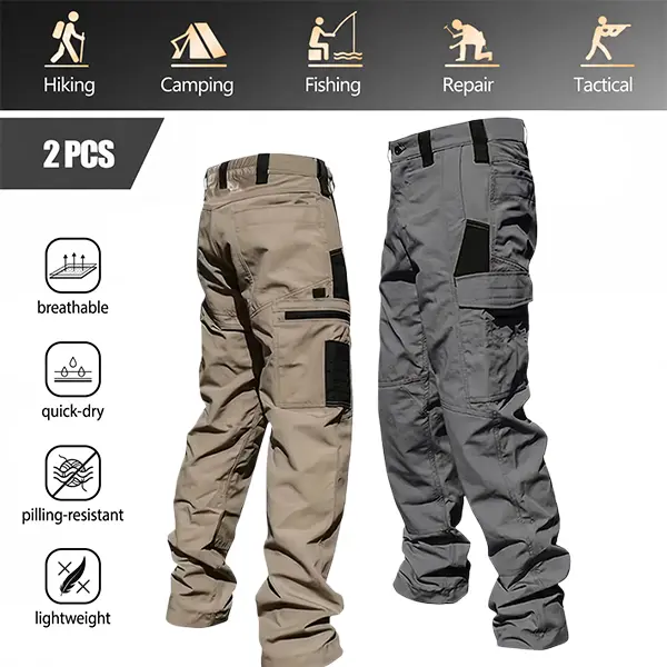 Multiple options (2-pack, 1-pack). Men’s tactical pants, slightly stretchy waterproof fabric. 1-pack option available. Durable hard shell construction, wear-resistant workwear pants with checkered fabric. Suitable for hiking, casual wear, and work. Multi-