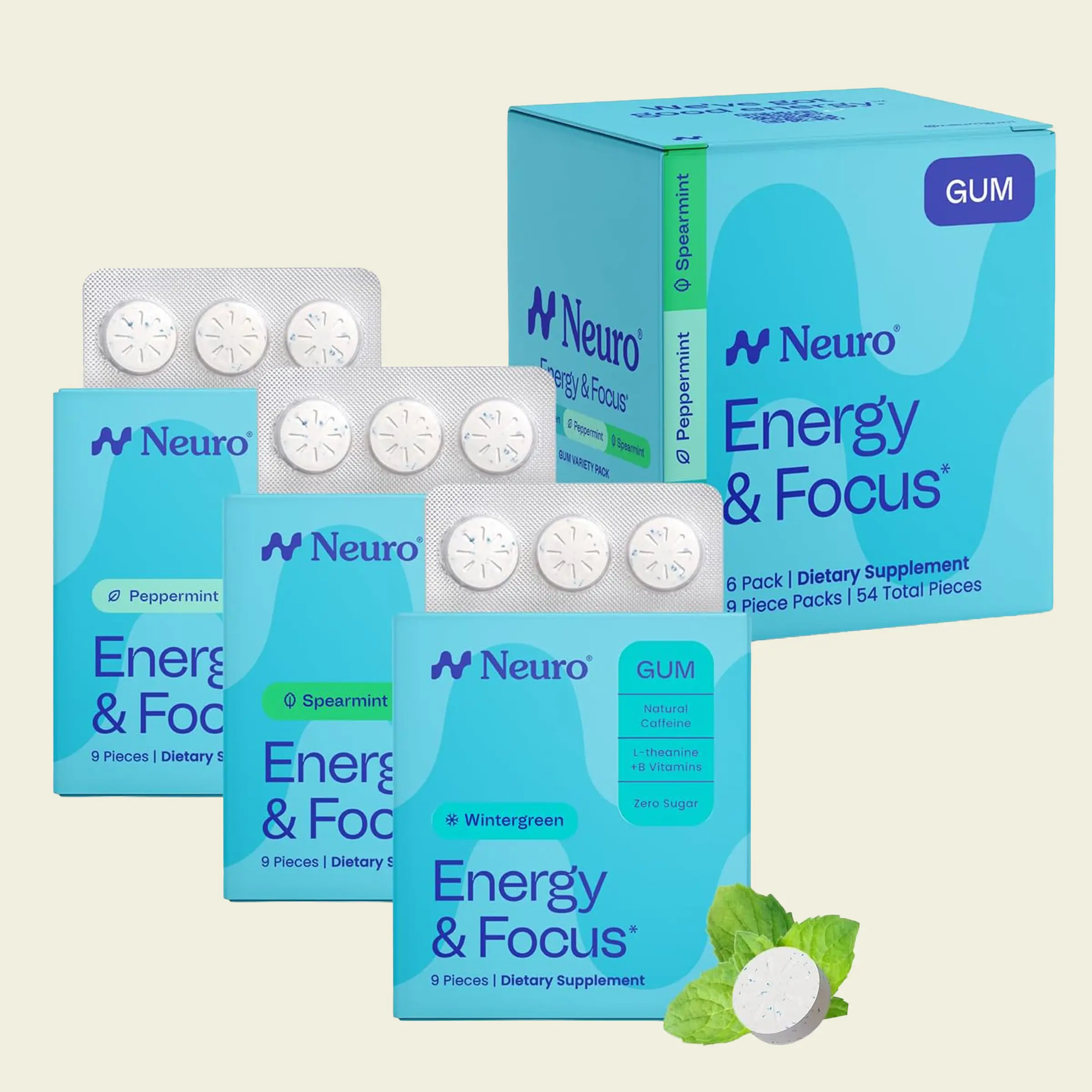 Neuro Variety Pack Energy & Focus Gum/Mints - Sugar Free with Natural Caffeine, L-theanine, Vitamin B12 & Vitamin B6