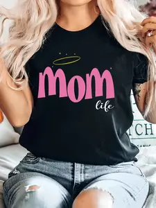 Women's "Mother Life" Printed T-Shirt: Crew Neck Casual, Cotton SS Breathable, Daily Gentle Style, Exclusive for Moms, Machine-Washable