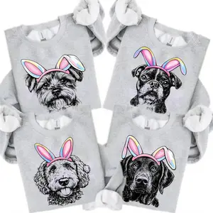 Custom Puppy Love Dog Sweatshirt showcasing, 50 dog breeds in Bunny Ears Graphic, Cute Puppy Easter Sweatshirt for Dog Lovers, printed on a cozy Gildan unisex crew pullover for pet lovers