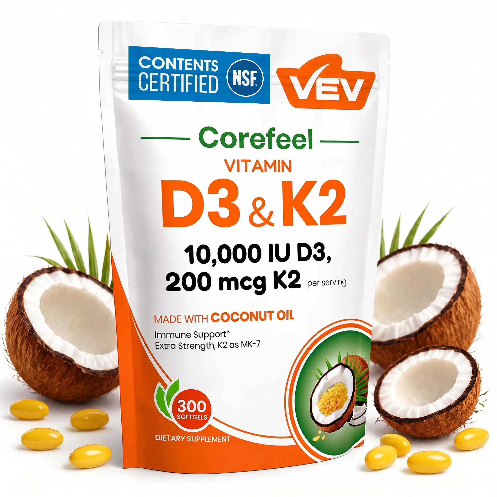 VEV Vitamin D3 K2 10000 IU, Virgin Coconut Oil, 2 in 1 Vitamins Supplement, 300 Softgels, NSF Certified