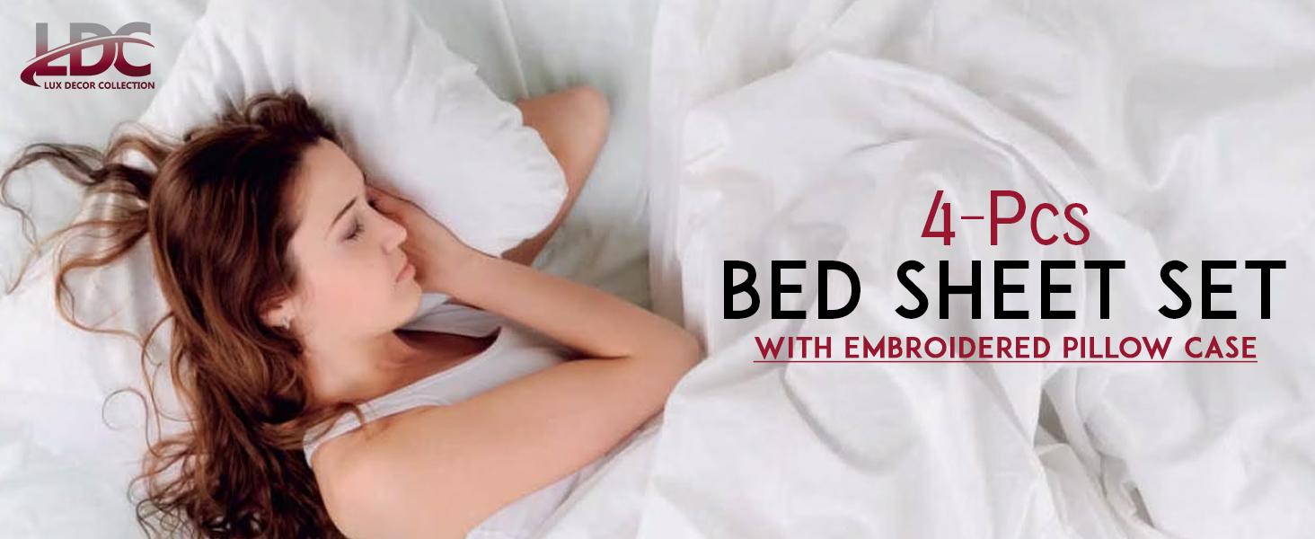 LUX DECOR 4 Pc Solid Bed Sheets Brushed Microfiber 16" Deep Pocket Fitted Sheets & Embroidered Pillowcases Fade Resistant All Season High Quality Luxury Bedding Set -Soft Sheets Set- Cozy Bedding Accessories