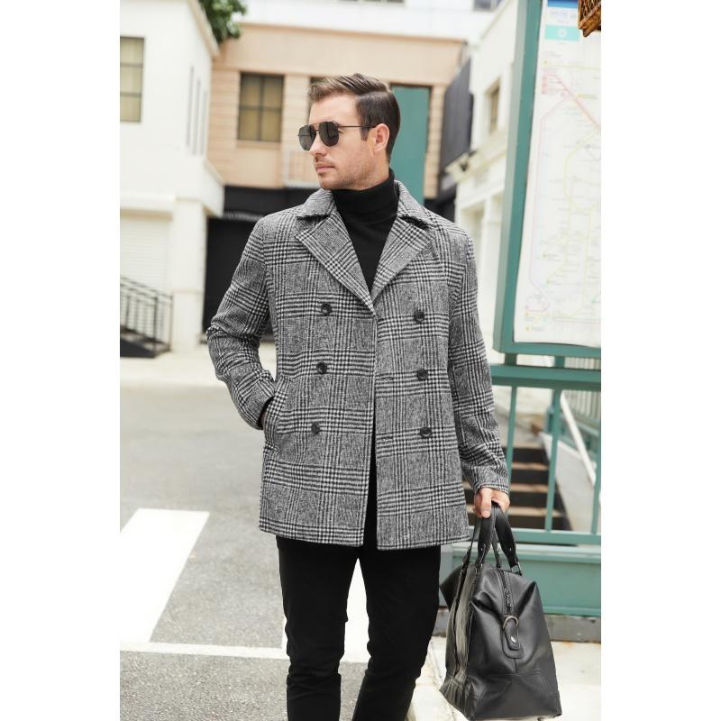 Men's Double Breasted Pea Coat Winter Overcoat Short Trench Coat Notched Collar