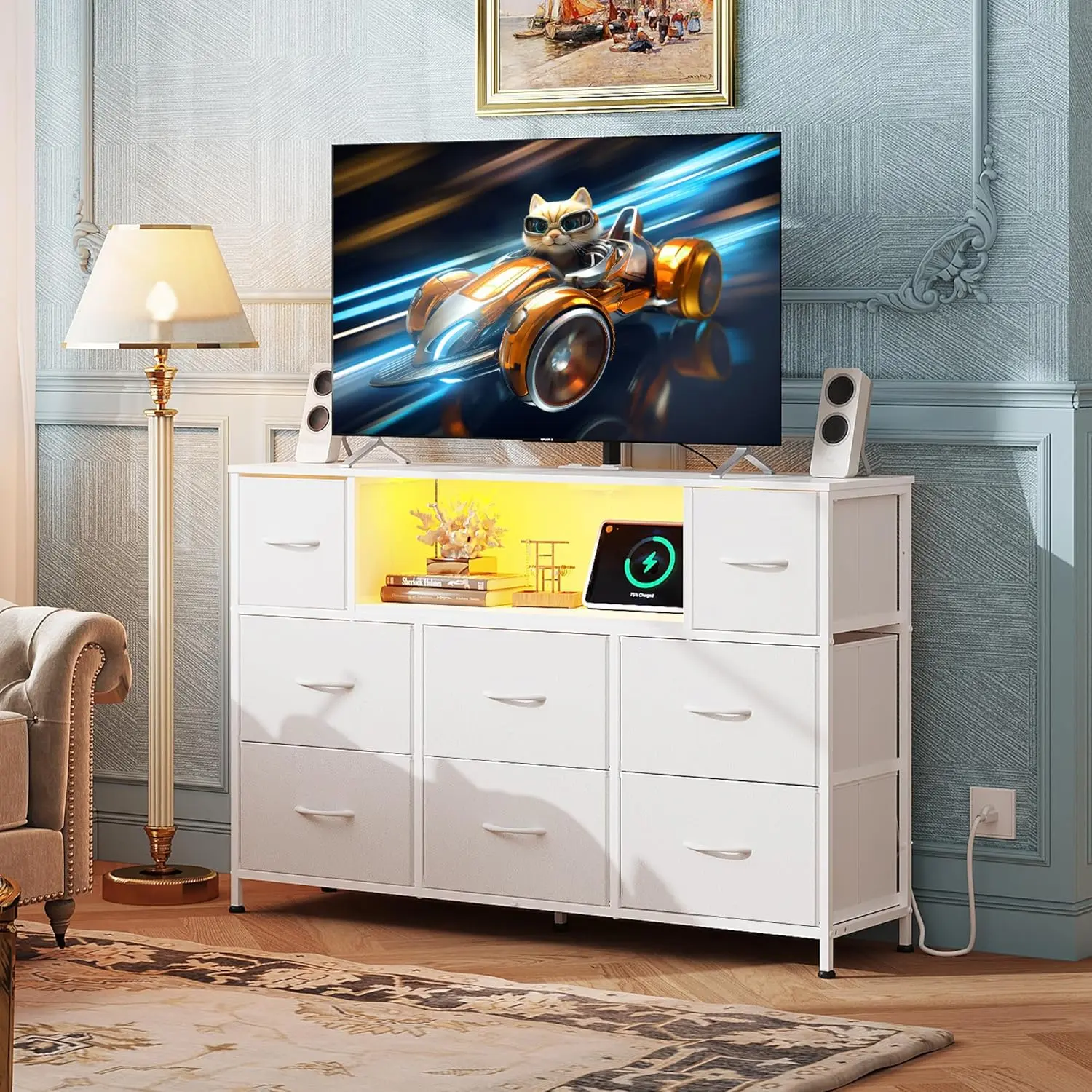 WLIVE Dresser with 8 Drawers for 45, 50, 55 inch TV, Entertainment Center with LED Lights & Charging Station, Chest of Drawers with 8 Fabric Drawers and Open Shelves for Living Room, Hallway, Wood Top