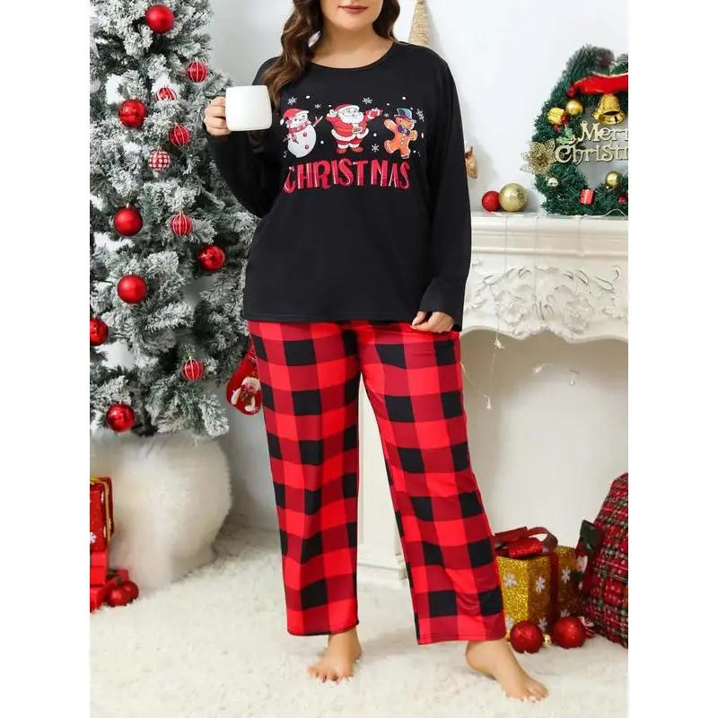 2026 Plus Size Women's Christmas Pajama Set, Santa Claus Print, Snowflake & Gingerbread Man Design, Long Sleeve Comfortable Everyday Sleepwear