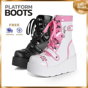 CYNLLIO Platform Ankle Boots for Women Goth Rave Boots Kawaii Shoes High Heel Round Toe Zipper Wedges Mid Calf Spring Boot Valentine Gifts