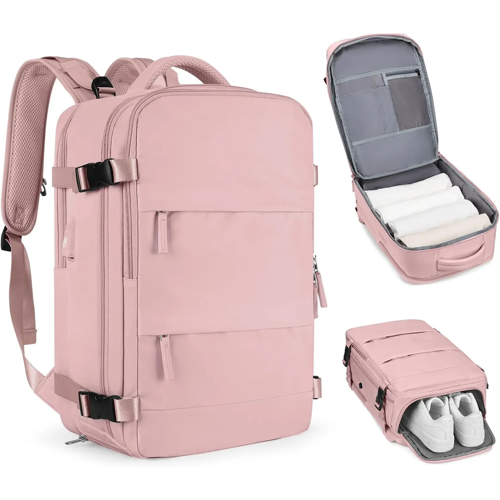 Pink Multi Compartment Laptop Backpack, Flight Luggage Bag with Shoe Compartment & Organized Interior for Travelers, Multi Compartment Backpack