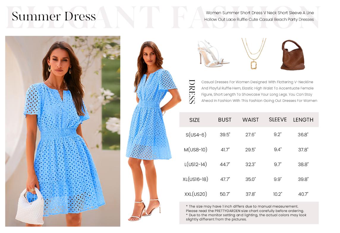 PrettyGarden Women Summer Short Dress V Neck Short Sleeve A Line Hollow Out Lace Ruffle Cute Casual Beach Party Formal Dresses,-Chic Womenswear Army Green Basic