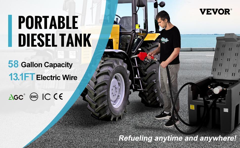 VEVOR Portable Diesel Tank, 58 Gallon Capacity & 10 GPM Flow Rate, Diesel Fuel Tank with 12V Electric Transfer Pump and 13.1ft Rubber Hose, PE Diesel Transfer Tank for Easy Fuel Transportation, Black VEVOR Portable Diesel Tank, 58 Gallon Capacity & 10 GPM Flow Rate, Diesel Fuel Tank with 12V Electric Transfer Pump and 13.1ft Rubber Hose, PE Diesel Transfer Tank for Easy Fuel Transportation, Black