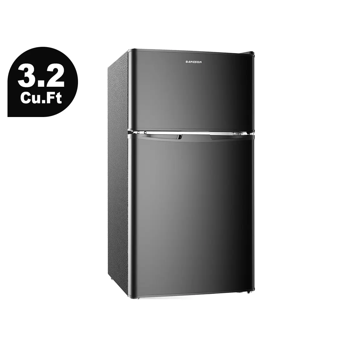 BANGSON 3.2 Cu.ft Cordless Portable Fridge with Freezer - Double Door Multifunctional Mini Refrigerator Appliances, Adjustable Temp, Energy-Efficient, Quiet Operation, LED Light, Glass Shelves, Ice Tray, Back to School Haul