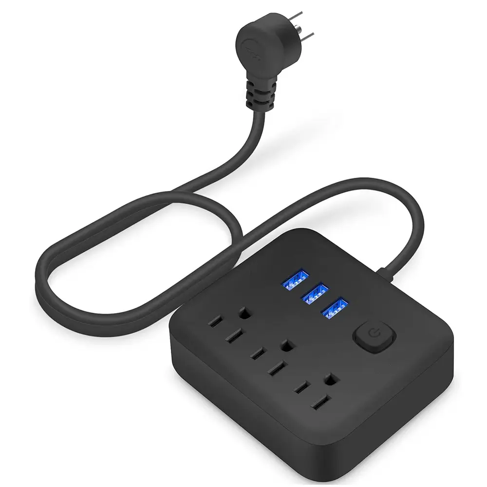 Socket Power Strip Surge Protector - 3 AC Outlets, 3 USB Ports, 4Ft Braided Extension Cord, Flat Plug, Wall Mount Charging Hub, Multi Plug Outlet Extender for Home Offices