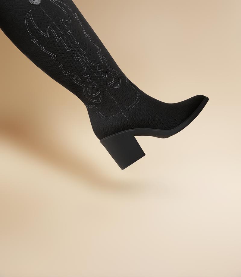 VIVAIA Women Pointed-Toe Western Knee-High Boots with Embroidered Design and Chuncky Heel Winter Festive Celebration Collection Wide Calf Boots for Western Events Horseriding Cowboy Boots vira boots (Willow&Wynne)