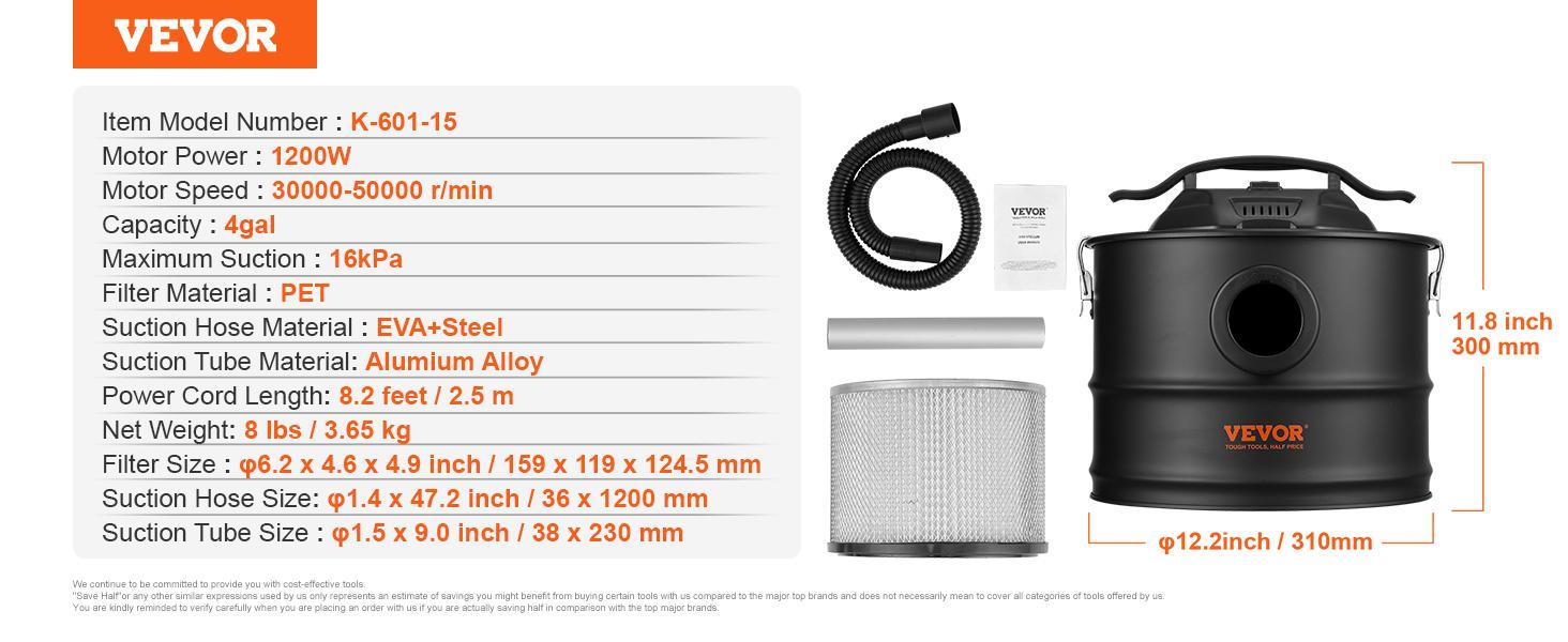 VEVOR Ash Vacuum Cleaner, TikTokShopBlackFriday, 4 Gallon with 1200W Powerful Suction, Ash Vac Collector with 47.2 in Flexible Hose, for Fireplaces, Log Burner, Grills, Pellet Stoves, Wood Stove, Pizza Ovens, Fire Pits