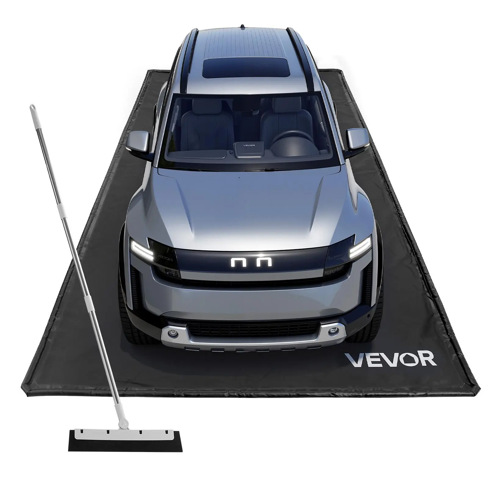 【Summerfinds】VEVOR Black PVC Containment Mat, 7ft 9in x 16ft Non-Skid Floor Liner, Heavy-Duty Waterproof Plastic Floor Cover with Cleaning Squeegee, Full Car Coverage Tool-Free Setup for Snow Rain Protection on Smooth Surfaces