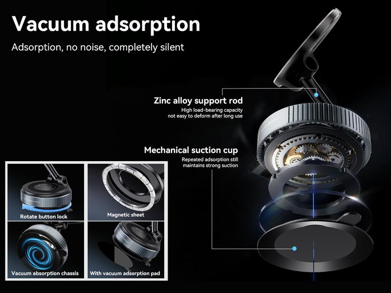 Upgraded Vacuum Magnetic Phone Holder, 360°  Adjustable Dashboard Stand,  Phone Mount for Car/Gym/Mirror, Compatible with iPhone & Android