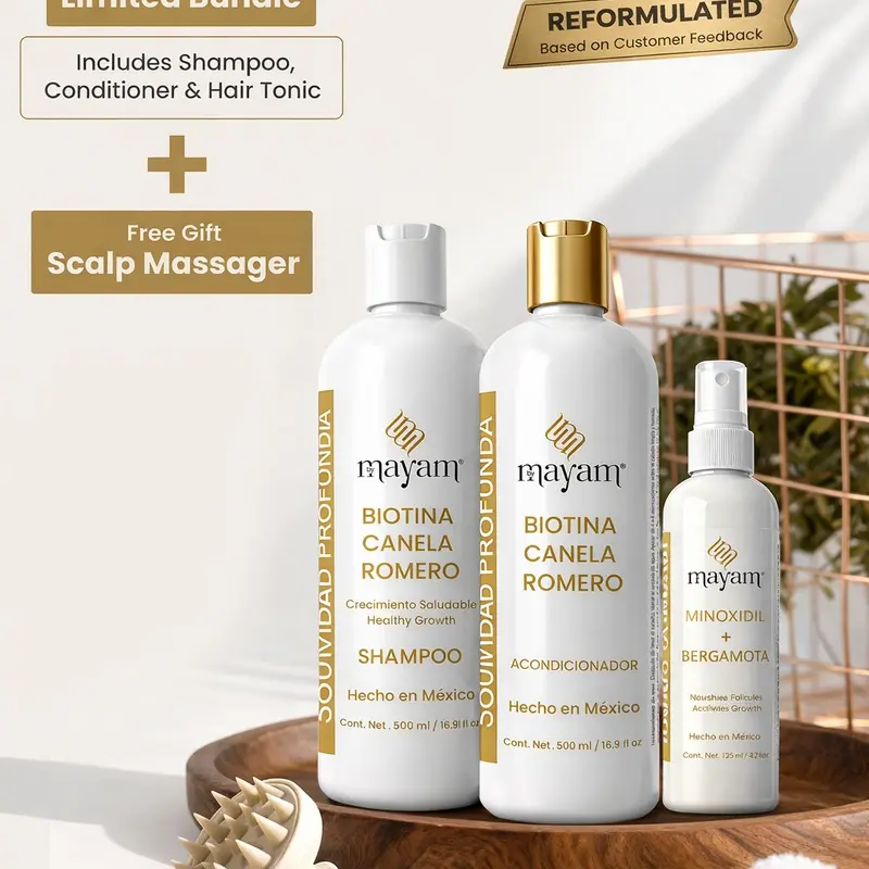 Cabello Fuerte Growth Kit – REFORMULATED Salon-Quality Hair System | Biotin, Rosemary & Cinnamon Shampoo + Conditioner with Minoxidil Hair Tonic | 500ml + 500ml + 125ml | Made in Mexico