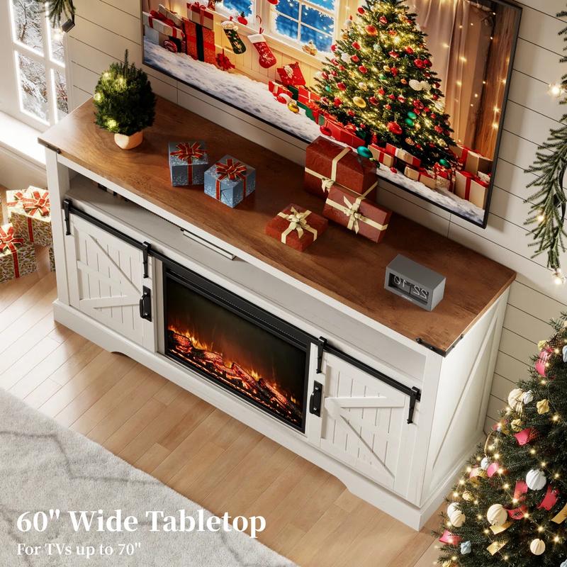 OKD 60" Rustic TV Stand – Electric Fireplace Mantel with 23" Freestanding Heater, Rolling Barn Door, Storage Cabinets, Remote-Controlled 3D Flame Effects