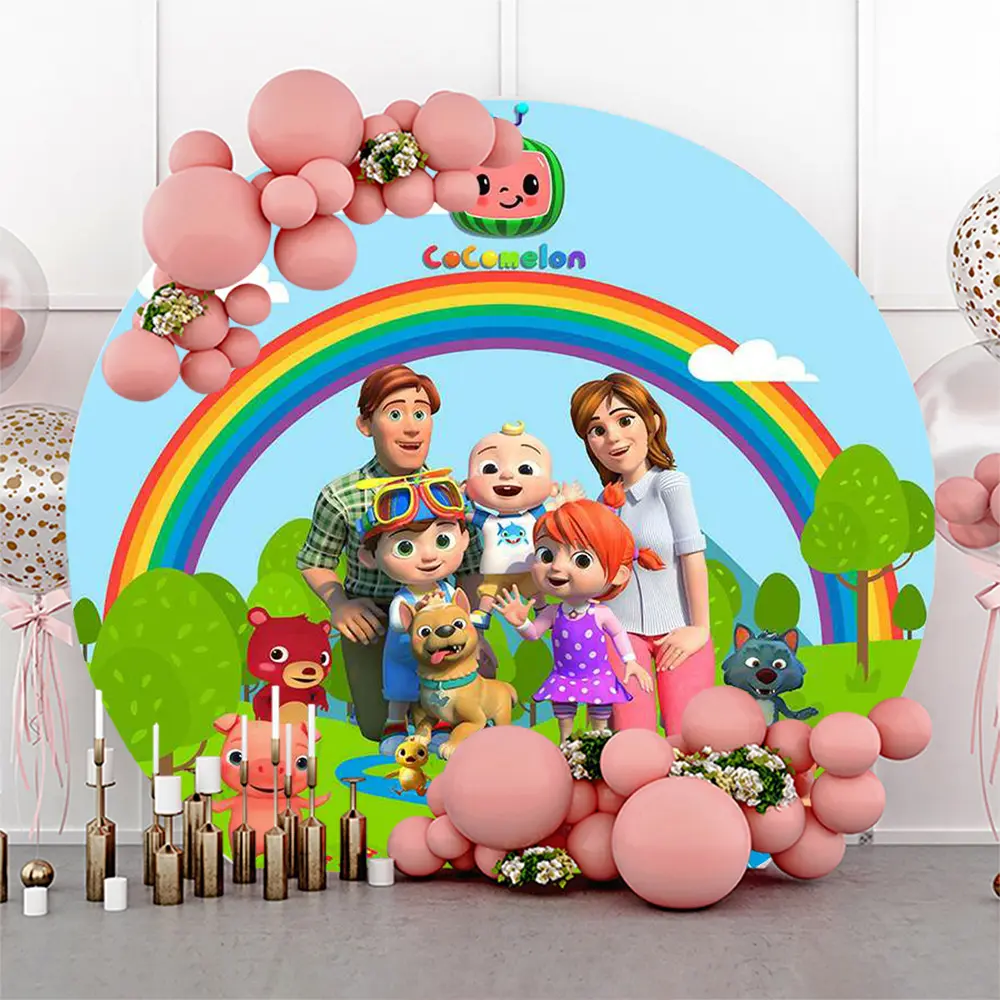 Hobaner 7.2FT Round Sweet Melon Cartoon Character Happy Birthday Banner, Colorful Rainbow Kids Party Decorations, Durable Fabric Handles Repeat Events, Easy Hang Setup 7.2ft Photo Wall Backdrop for Boys