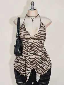 VYNCE Plus Size Women Spring And Summer Going Out Vacation Casual Retro Printed Backless Halter Y2k V Neck Western Women Boho Beach Women Hippie Babydoll Top,Vintage