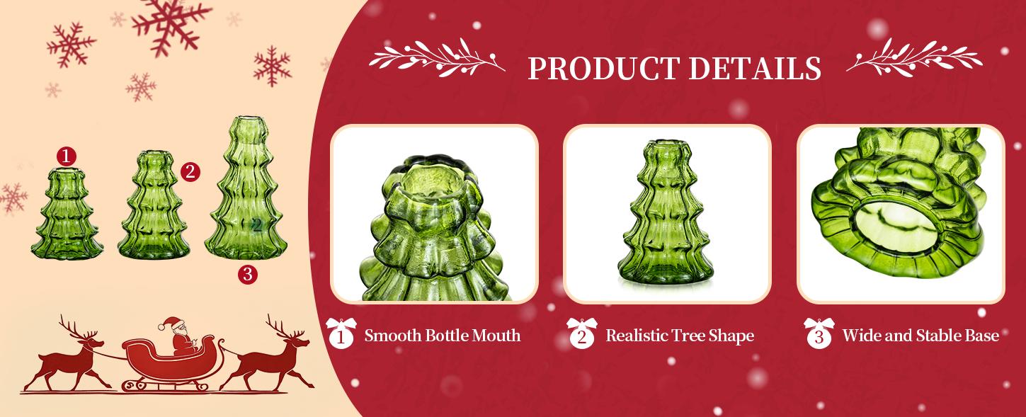NUPTIO Christmas Tree Candle Holder: 3 Pcs Green Glass Candlestick Holders, Indoor Christmas Oraments, Taper Candle Holders for Table Centerpiece Dinner Gathering Party Home Decor
