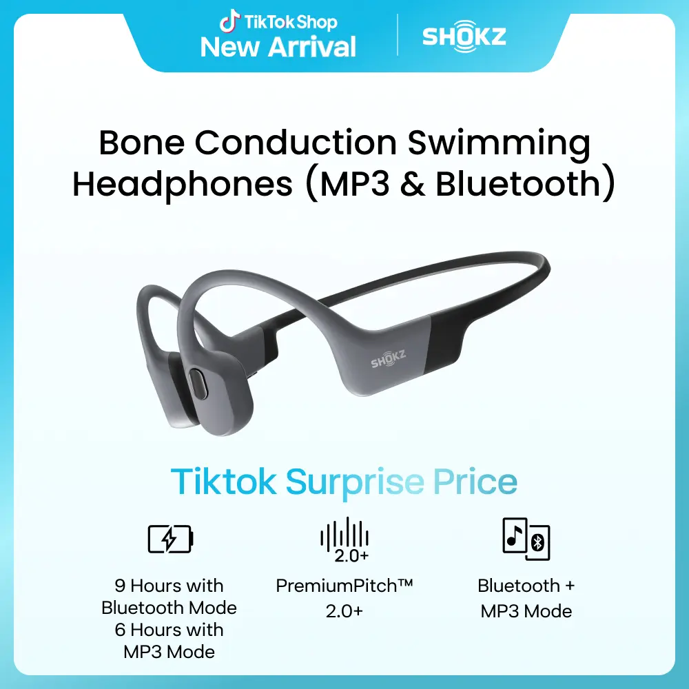 SHOKZ OpenSwim Pro Open-Ear Bone Conduction Bluetooth Headphones - 32GB MP3 Player, IP68 Waterproof, Sweatproof Wireless Earphones, Low Profile Connectivity Wireless Headphones for Swimming, Workouts, Waterproof Earbuds, Sweatproof Earphones