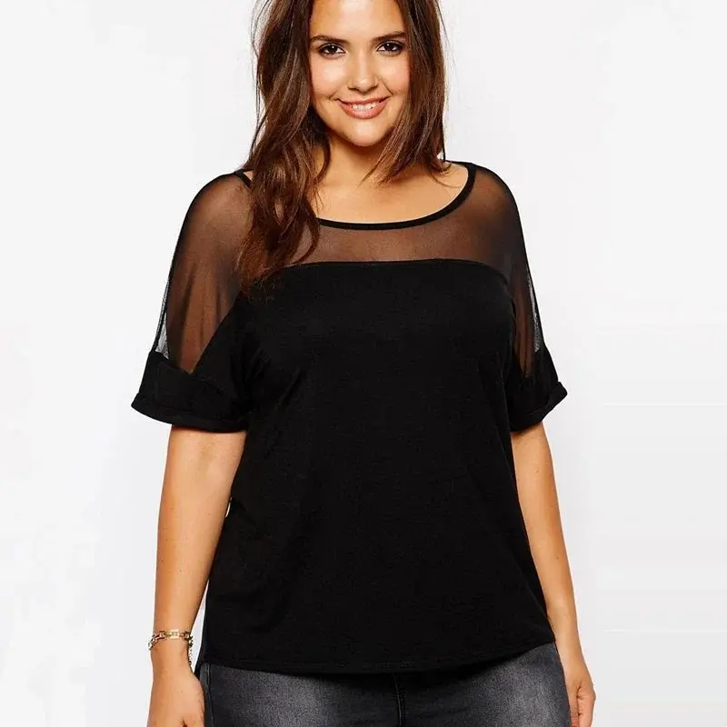 Plus Size Summer Casual Top Women Mesh Patchwork Short Sleeve Black Loose T-shirt Tee Female Plus Size Women Clothing 6XL 7XL 8X