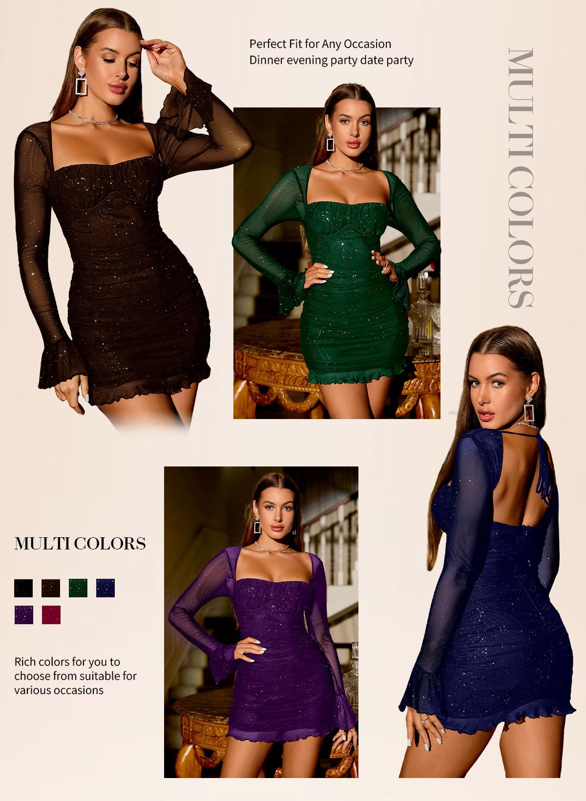 Parthea Red Sequin Mesh Ruched Bodycon Dress with Long Sleeves Square Neckline & Back Tie Design for Romantic Dates & Evening Events