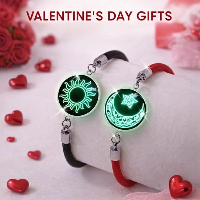 ​​2-Pack​​ Glow in Dark Couple Bracelets Set - Magnetic Sun Moon Matching Jewelry | Adjustable Luminous BFF Best Friend Soulmate Gifts for Boyfriend Girlfriend Couples Teens | Anniversary Valentine's Birthday Christmas Gift