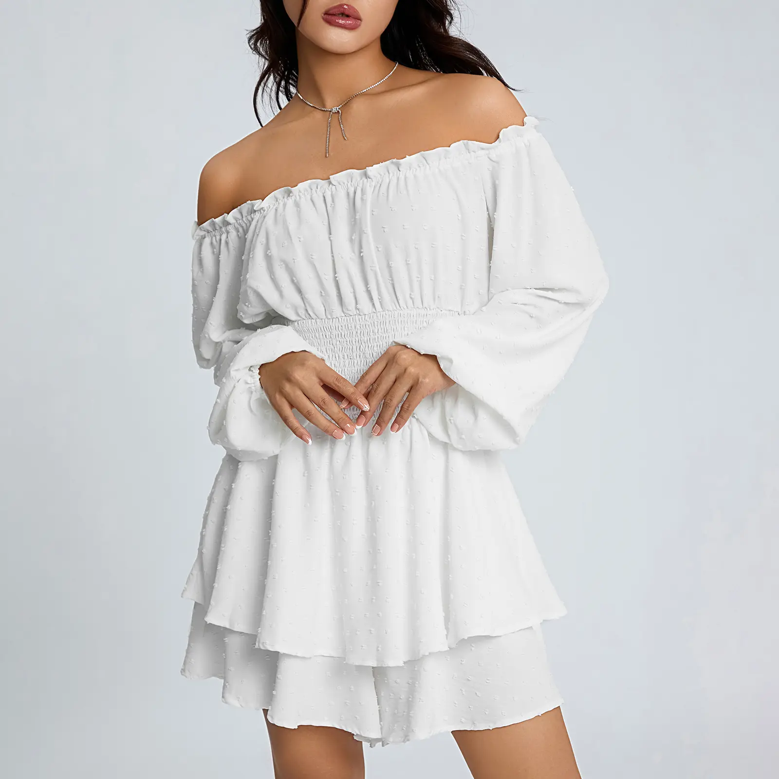 Women's Chic Off-Shoulder Polyester Jumpsuit - Long Sleeves, Vintage Solid Ruffled Short Skort, Minimalist Ruched Smocked Lantern Sleeves, Elastic Breathable Elegant Streetwear for Parties