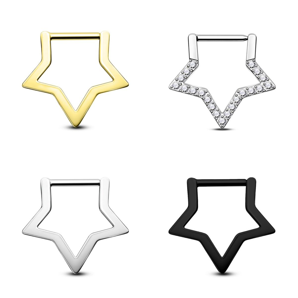 Oufer 16G/14G Titanium Chunky Star Clicker Nose Septum Daith Piercing Ring in Silver Gold Black 8mm Inner Diameter Basic Versatile Design Comfortable Safe for Daily Wear