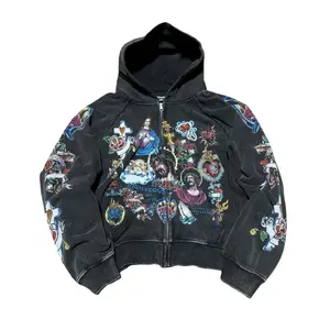 Trendy printed hoodies, Harajuku style, loose fit, versatile, Y2K street style, couple's American retro Gothic rock letter print women's tops, hoodies, zippered hooded sweatshirts, women's outerwear.