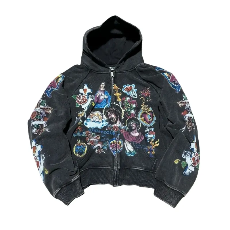 Trendy printed hoodies, Harajuku style, loose fit, versatile, Y2K street style, couple's American retro Gothic rock letter print women's tops, hoodies, zippered hooded sweatshirts, women's outerwear.