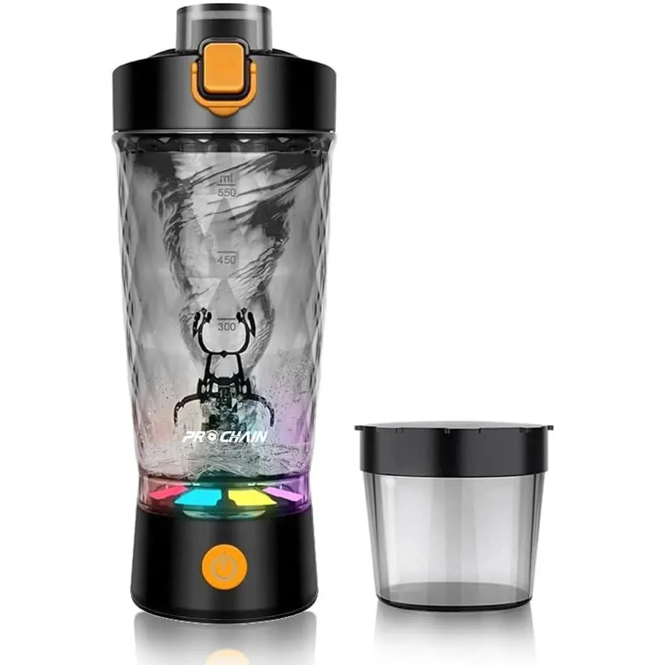 PROCHAIN USB Power Rechargeable Self-Mixing Electric Protein Shaker Bottle, 22oz BPA-Free Tritan with Powder Storage Cup for Gym, Sports
