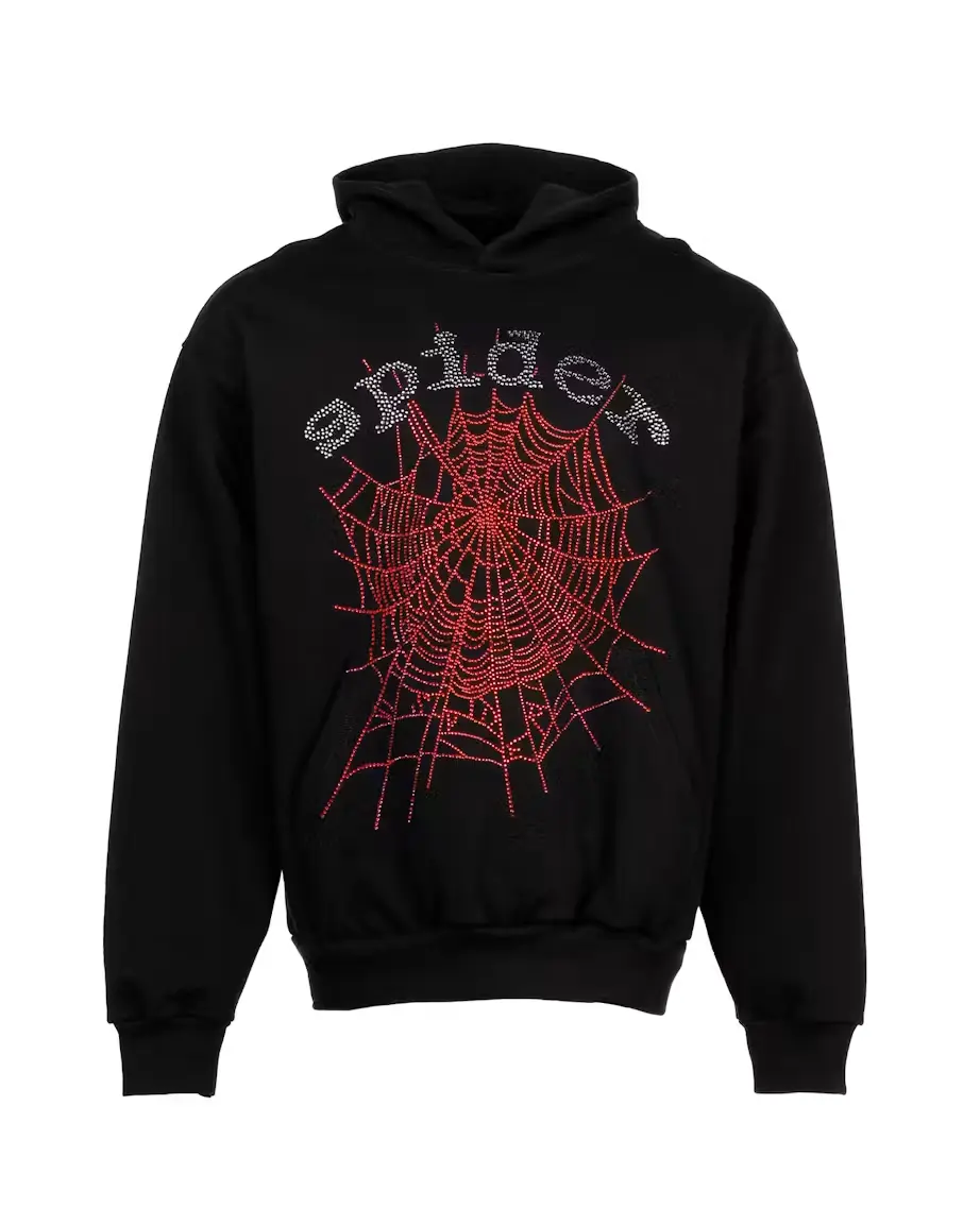 Sp5der Rhinestone Hoodie | Y2K Gothic Hip Hop Graphic Pullover Sweatshirt, Black Streetwear Hoodie with Sparkle Web Design for Youth & Adults, Couple Matching Outfit, Birthday Gift