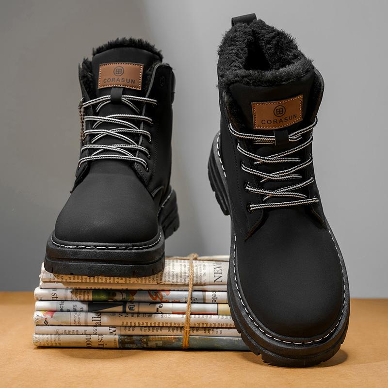 CORASUN 2025 US multi warehouse shipment for autumn and winter men's mid top sports and leisure shoes with fleece snow boots, anti slip work boots, leather covered outdoor boots, fashionable motorcycle boots