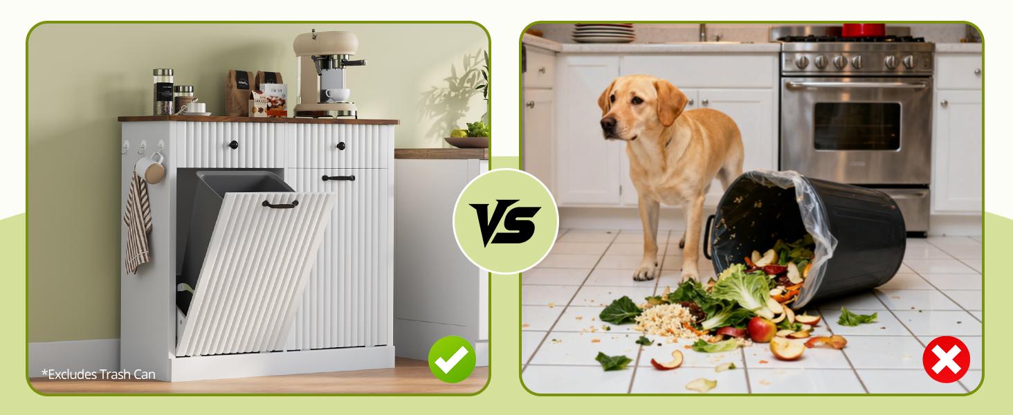 Double Tilt Out Trash Can Cabinet, 20 Gallon Fluted Laundry Hamper Cabinet with 2 Drawers, Wooden Hidden Garbage Can Cabinets for Kitchen, Living Room, Without Trash Bin or Laundry Hamper,Black