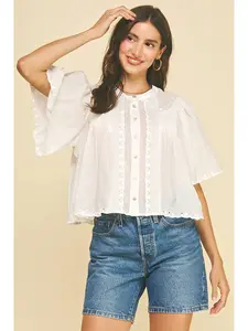 White Eyelet Trimmed Button Down Shirt