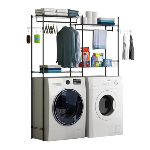 57.4" W Metal Over Washer and Dryer Shelf - Heavy-Duty 2-Tier Adjustable Garment Rack, Clothes Rack with Wire Basket, Hanger Rod, Hangable Hooks for Laundry Room Space-Saving Storage, DIY Assembly Laundry Products, Hanging