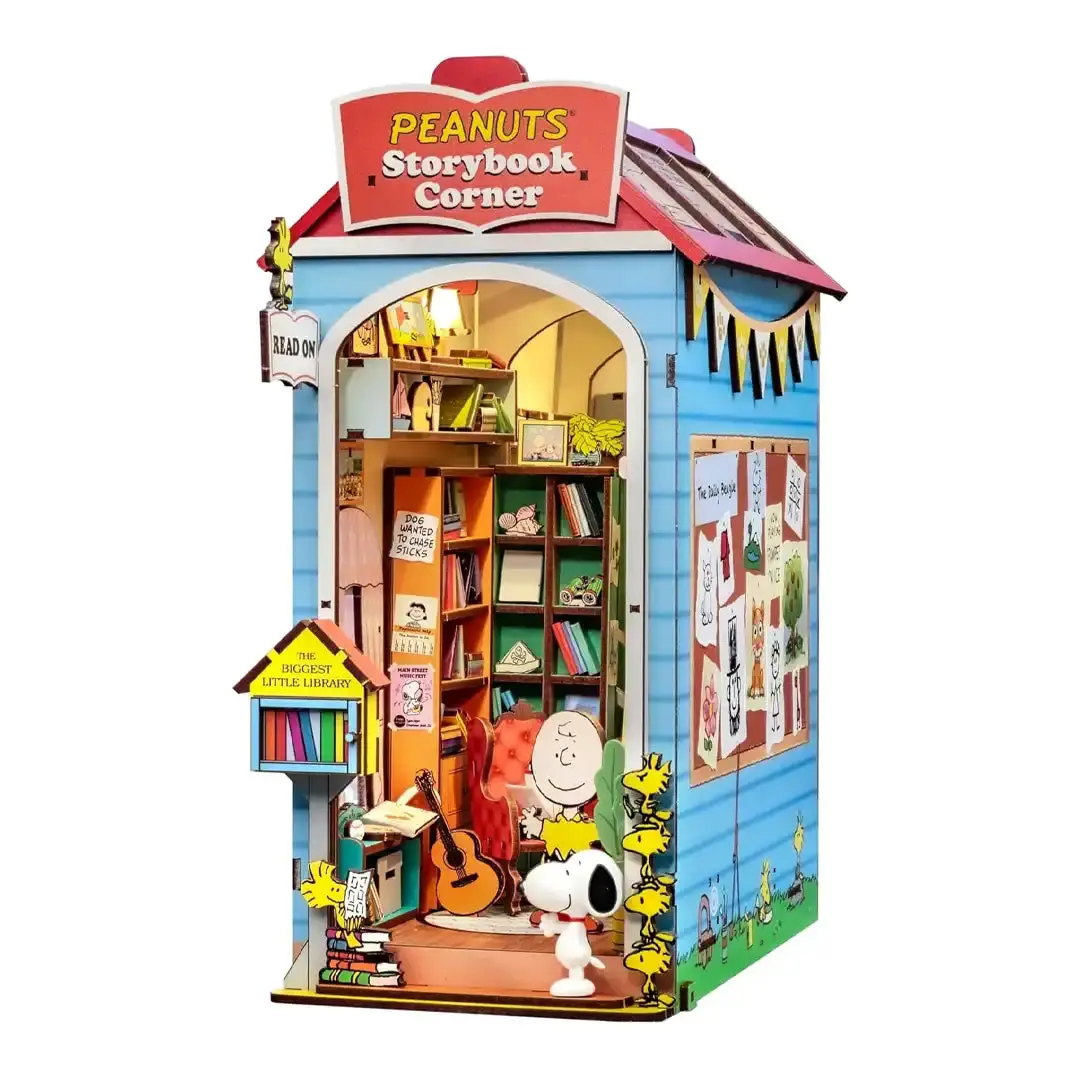 Hands Craft Wooden DIY Book Nook Kit, Hand-Crafted Peanuts Storybook Corner with Snoopy Figurine, Children's Literature-Themed Gift for Kids, Bookish Present, Wooden Diy Kit