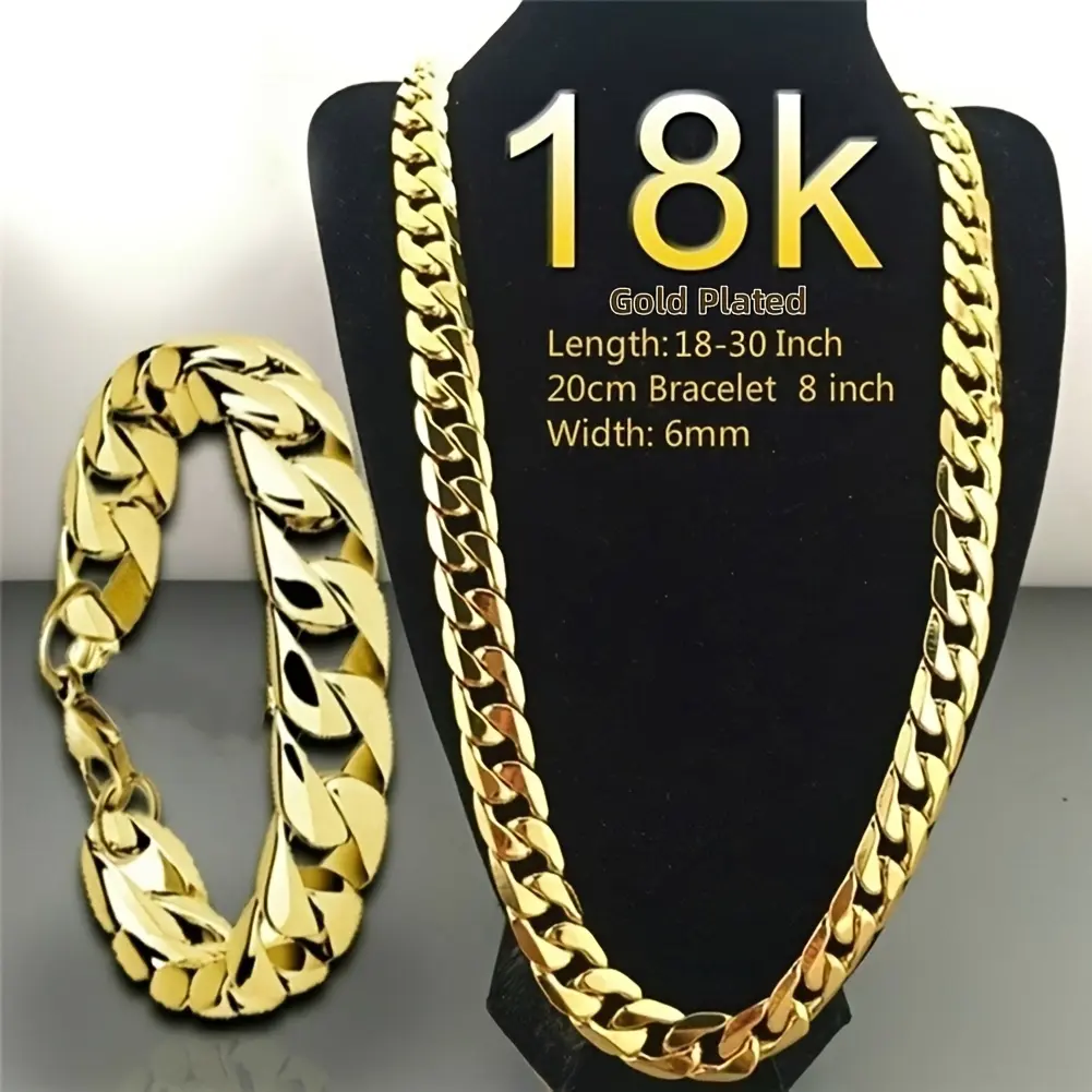 18K Plated Men's Cuban Chain Necklace Set, 6mm Width, 18-30 Inch Heavy-Duty Interlocking Links, Hypoallergenic, Tarnish-Resistant Fashion Jewelry + 20cm Bracelet