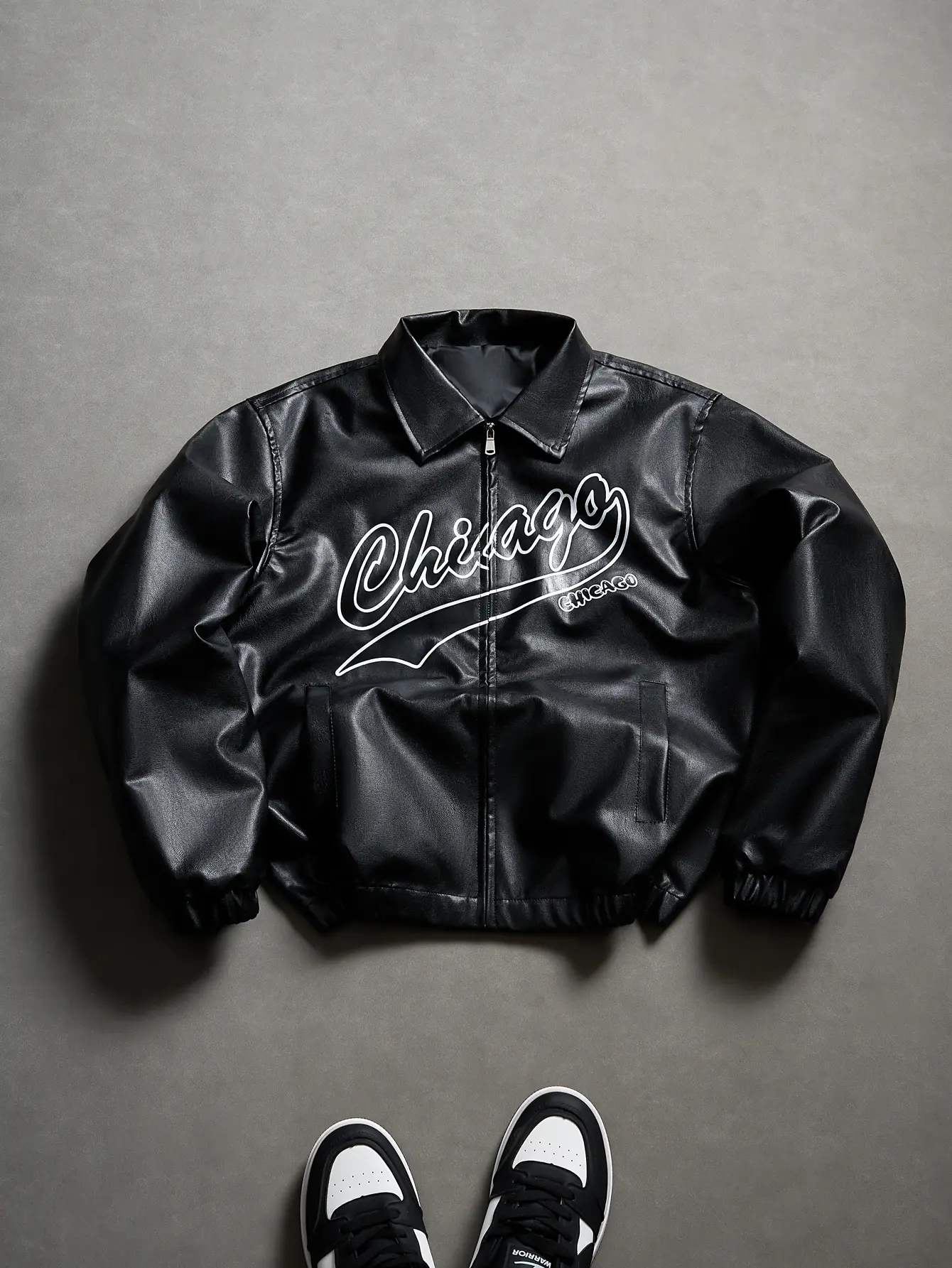 Men's Vintage Faux Leather Jacket - Turn-Down Collar, American Letter Print, Smooth Fabric, Zippered Sleeves, Casual Menswear Outerwear