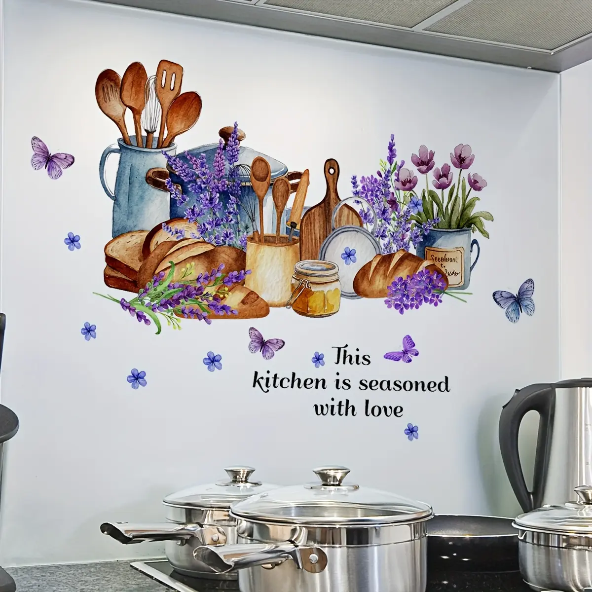 A new-style kitchen wall sticker full of love, featuring kitchen utensils, bread, and flowers - a multi-scene decorative home wall sticker M16613 Decorative Decal Cute Wall Decor Decoration Sticker