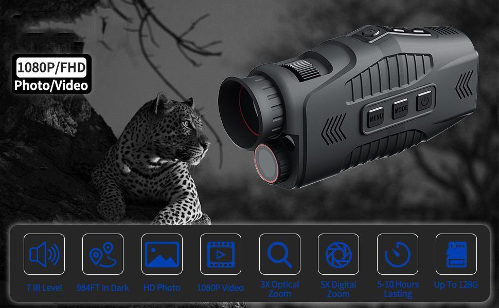 Digital Night Vision Monocular 1080p with IR LED, Handheld Night Goggles for Hunting and Outdoor Use