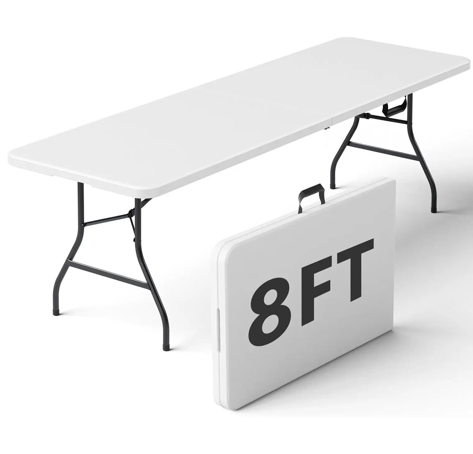 6/8 FT Plastic Folding Table, Heavy-Duty Fold-in-Half Portable Table with Built-in Carrying Handle & Steel Legs, Lightweight Indoor Outdoor Picnic Table for Party, Dining, Camping, Wedding, Events, Utility, White