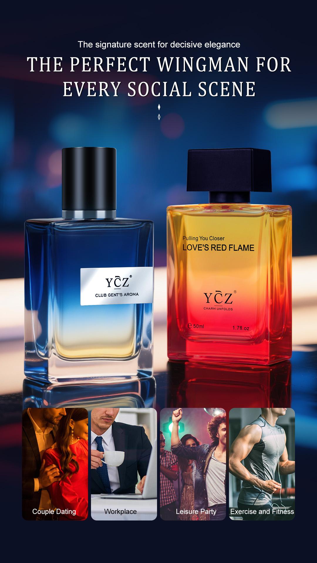 YCZ Men's EDP 2-Piece Set Club Gent's Aroma & Love's Red Flame 50ml Each Aromatic Woody Fruity Chypre Long Lasting Fragrance for Night Daily Wear Gift Bundle Cedarwood Amber Arabian Perfume Oil