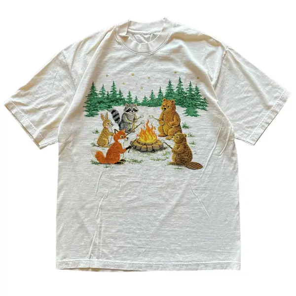 Unisex Vintage Woodland Creatures Graphic T-Shirt - Casual 180G Round Neck Short-Sleeve Sports Top, Regular Cut, Wildlife Print, White-T-Shirt-180G, Forest Streetwear