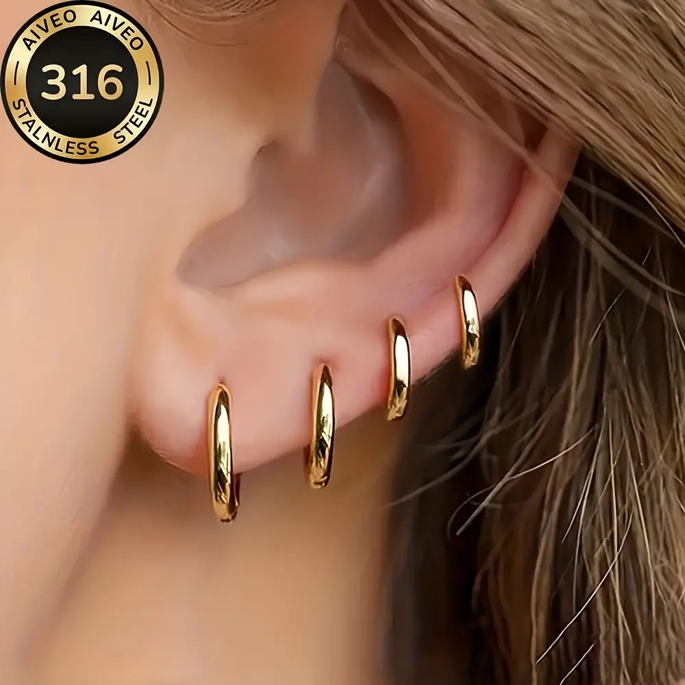 Women's 4 Pairs Simple Dainty Classic Gold Hoop Earrings - Hypoallergenic Stainless Steel, Non Tarnish Jewelry, Elegant Gold-Tone Fashion Accessories, Ideal for Daily Wear & Parties, Delicate Gift