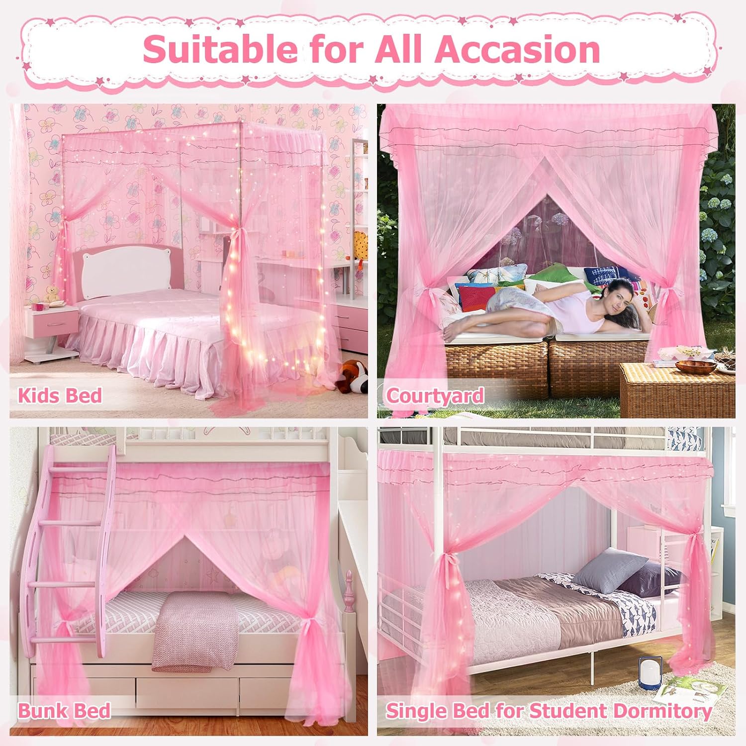 Twin Bed Canopy with Lights, Bed Canopy for Girls Princess with Luminous Stars, Canopy Bed Curtains for Twin Bed Kids Adult Indoor Decor Bedroom, 4 Corner Post Bed Canopy for Student Dormitory, Pink