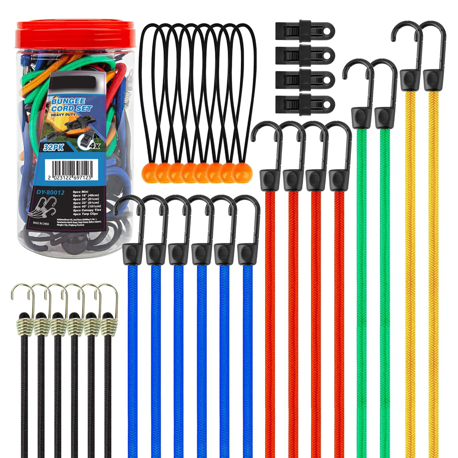 32-Piece Premium Bungee Cords with Hooks - 10,18,24,32,40 Inches Heavy-Duty Outdoor Elastic Ropes, 4 Pcs Canopy Tarps Clips, Ball-End Mini Cords, Carabiners & Storage Jar for Outdoor Users