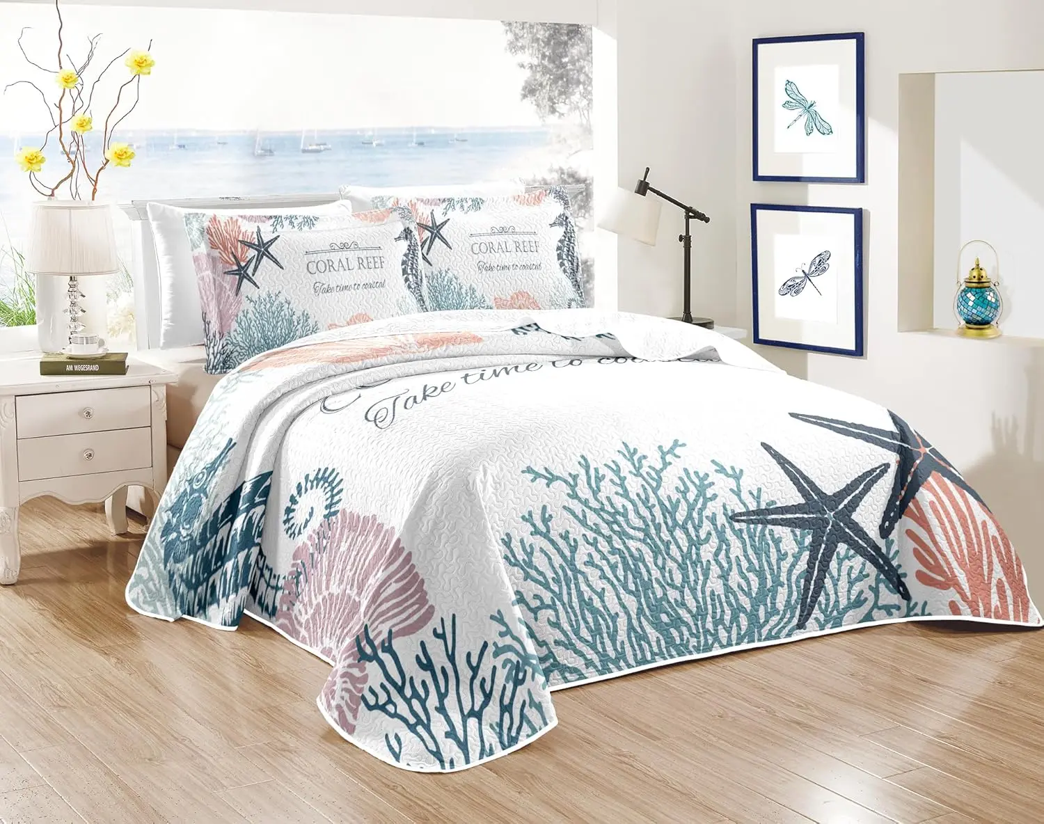 Coastal Bedding  Size with 2 Shams, Nautical Beach Comforter Sets  Bedspreads Coastal Coverlet Summer Bedding, 90''x96''